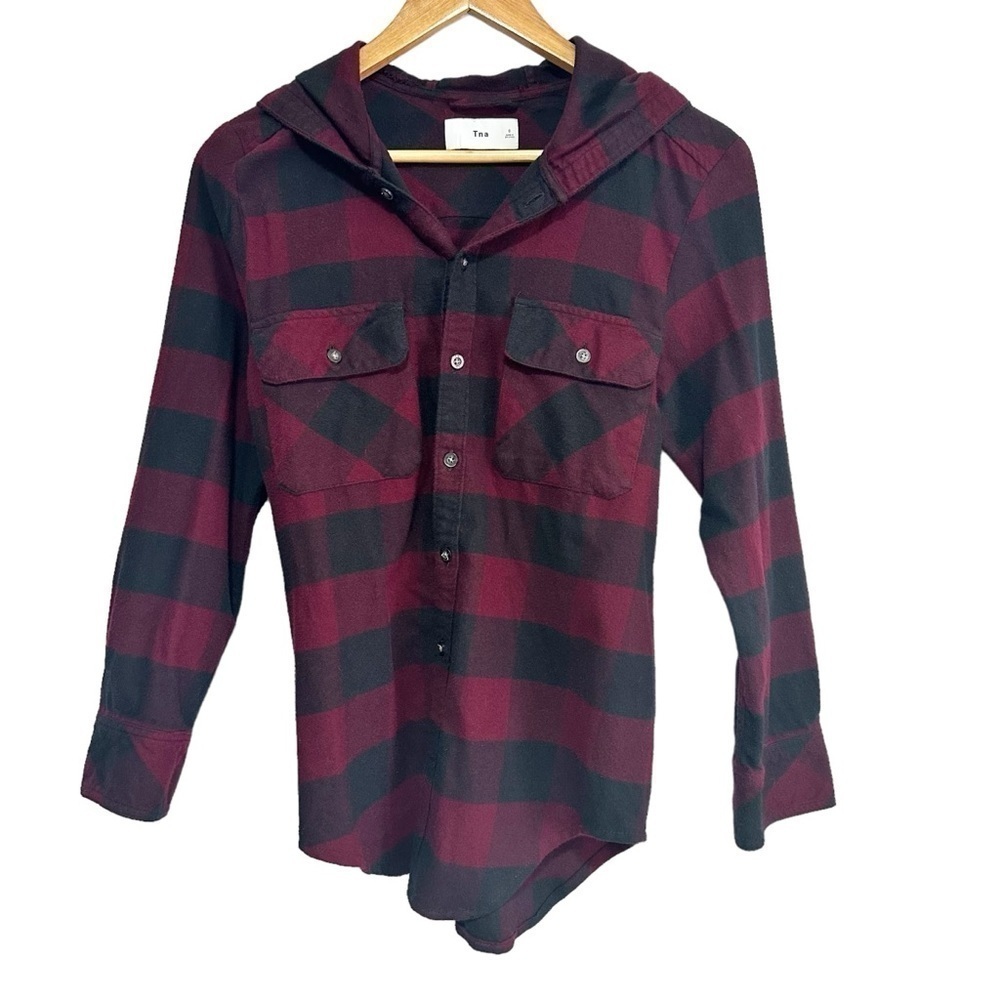Aritzia TNA Hooded Wine & Black Checkered Flannel Button Down Shirt Size S